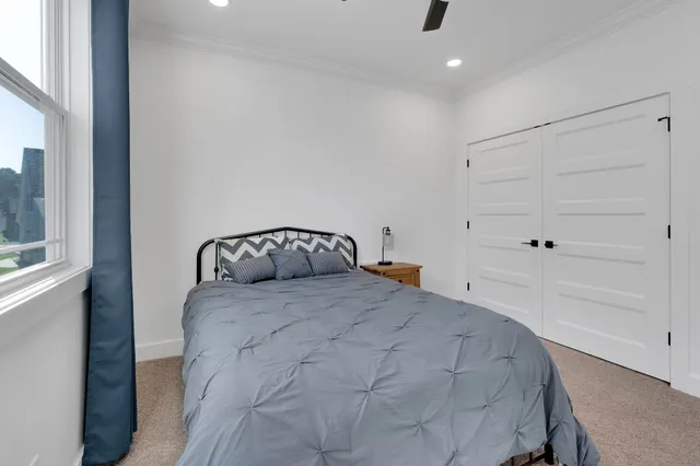 an aerial view of a house with a garden