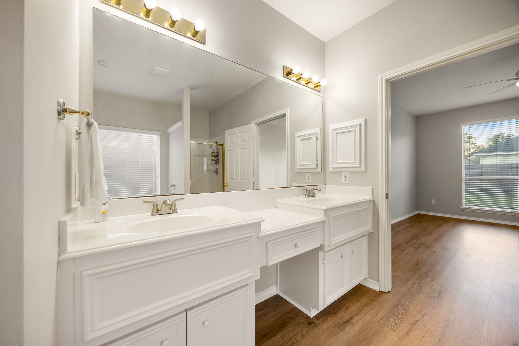 3707 Pecan Court Manvel, TX 77578 - Photo 12 of 35 a bathroom with a double vanity sink mirror and next to a window