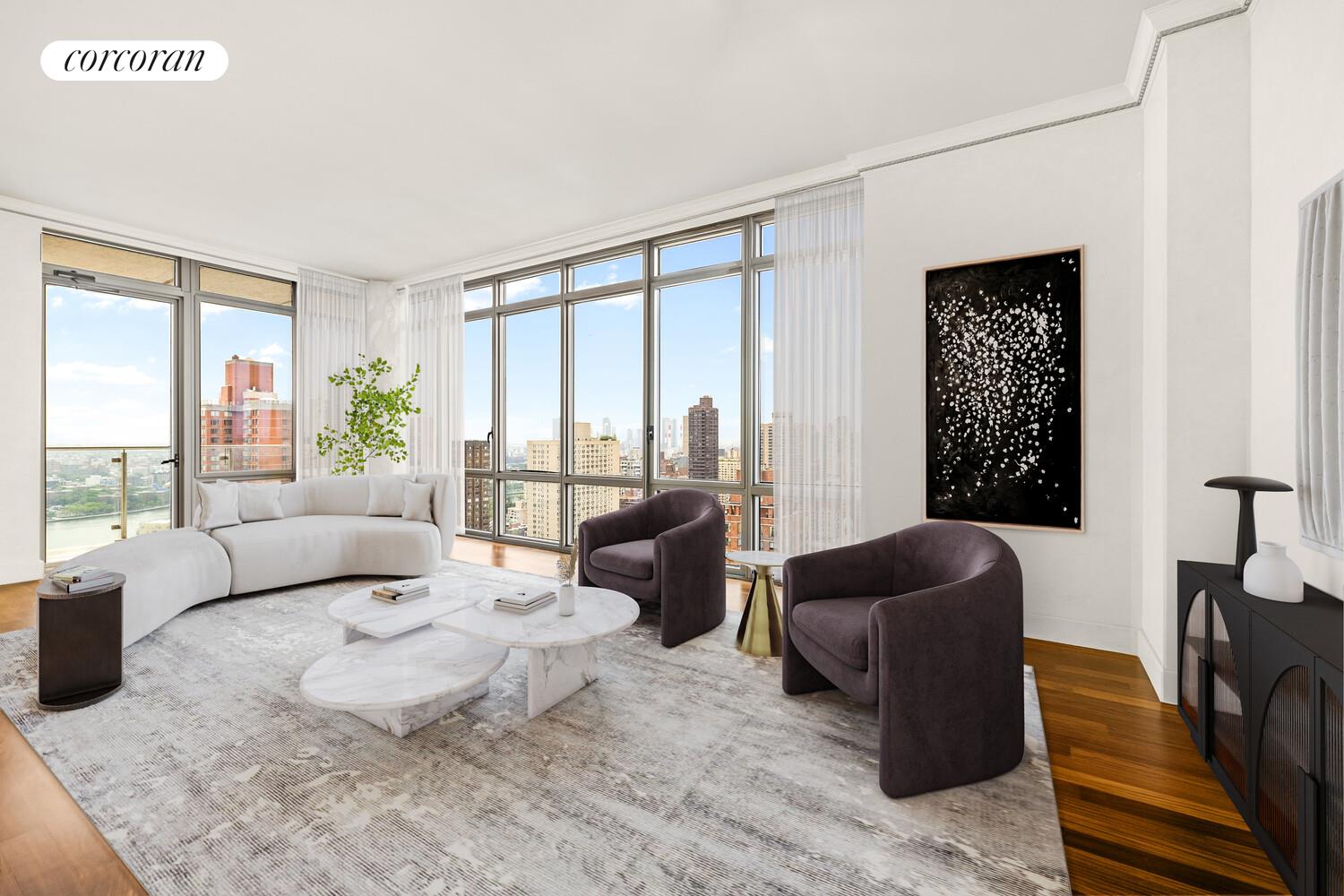 333 East 91st Street, Unit 31CD Manhattan, NY 10128 - Photo 2 of 15 a living room with furniture and a large window
