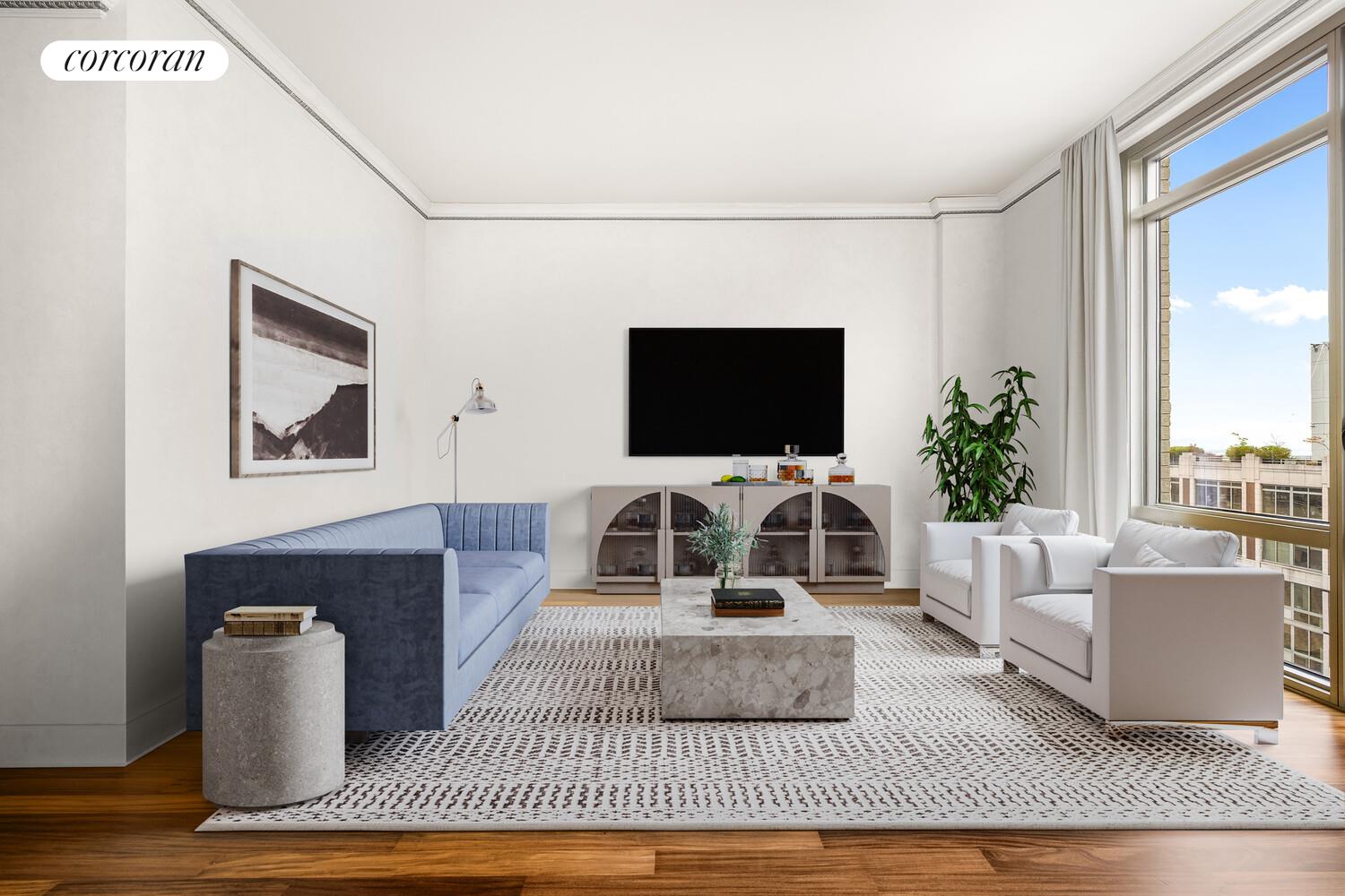 333 East 91st Street, Unit 31CD Manhattan, NY 10128 - Photo 5 of 15 a living room with a couch and a flat screen tv