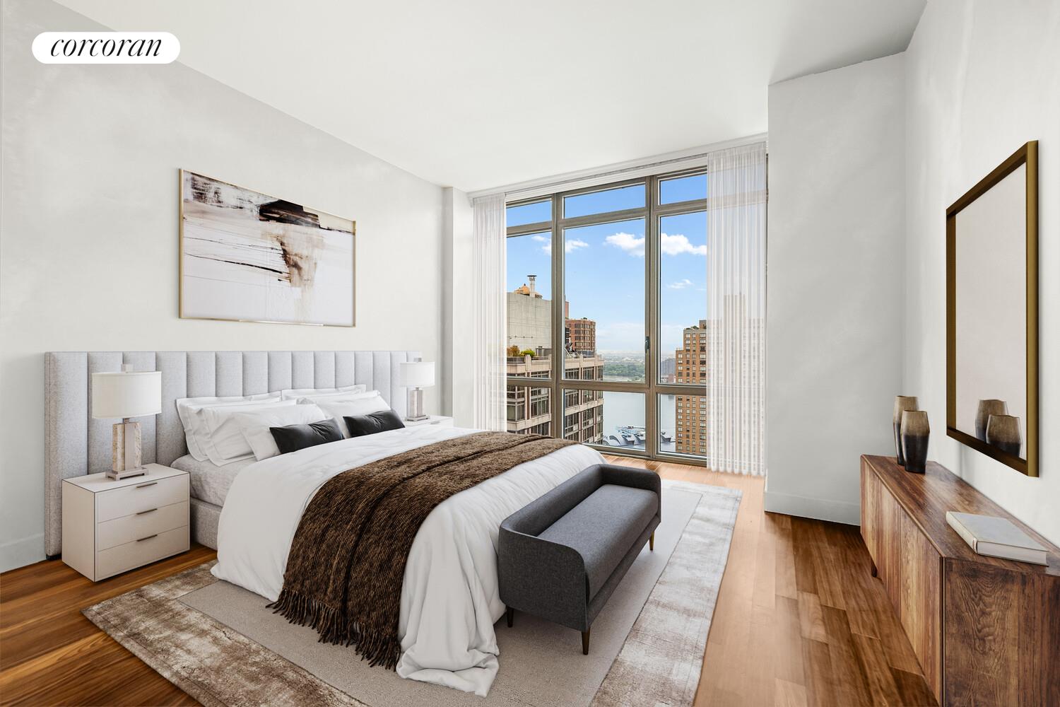 333 East 91st Street, Unit 31CD Manhattan, NY 10128 - Photo 7 of 15 a bedroom with a bed and a large window