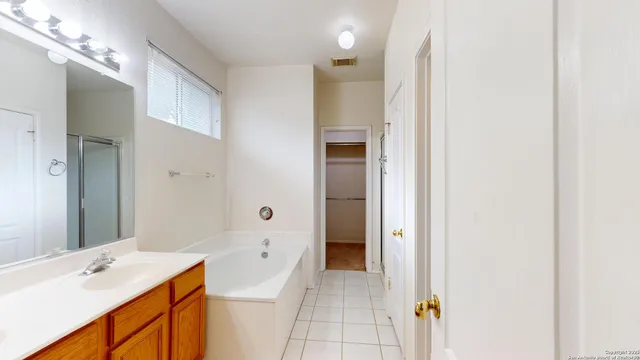 a bathroom with a sink a mirror and a shower