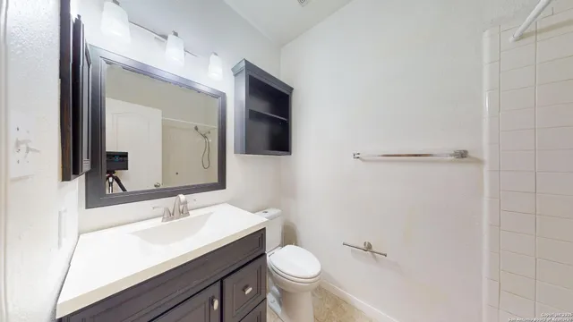 a bathroom with a sink toilet and mirror