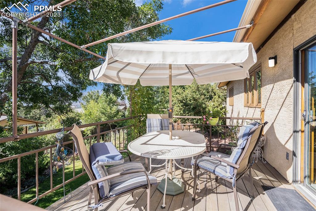 1711 Columbine Road Colorado Springs, CO 80907 - Photo 42 of 50 a view of a patio with a table and chairs under an umbrella