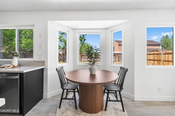 a view of a dining room with furniture window and outside view