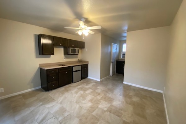 Kitchen featuring dark wood finish cabinetry, a ceiling fan, light countertops, and stainless steel appliances