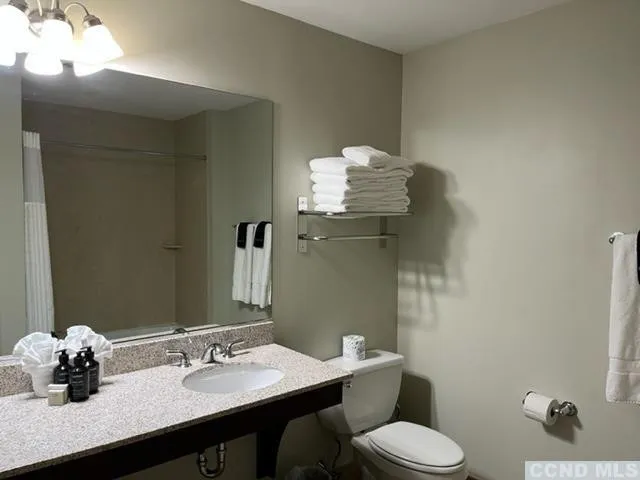 a bathroom with a sink vanity mirror and toilet