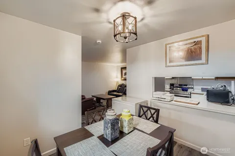 a view of a dining room with furniture