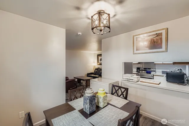 a view of a dining room with furniture