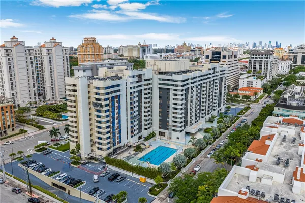 a city view with tall buildings
