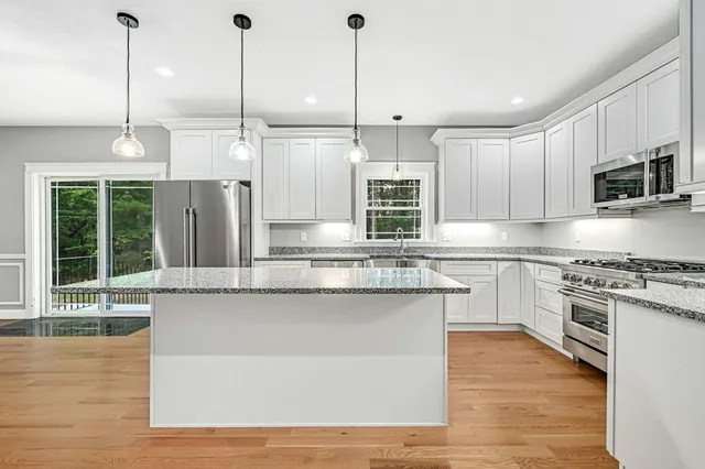 a kitchen with stainless steel appliances granite countertop a stove a sink and a wooden floors