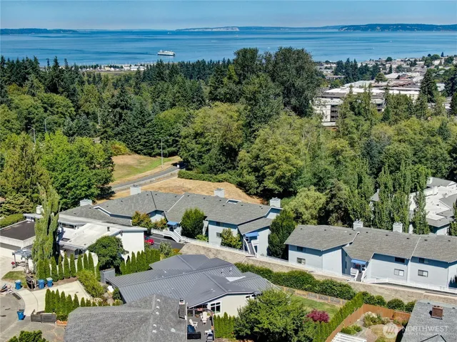 an aerial view of a house with a garden