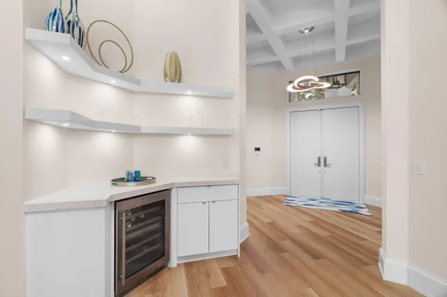 a view of cabinets and window