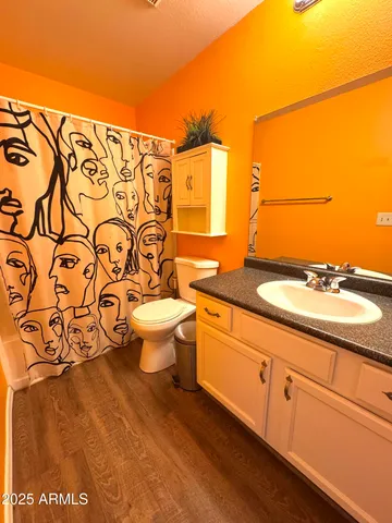 a bathroom with a sink and mirror with toilet