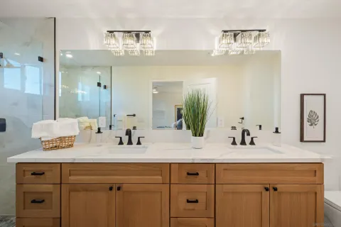 a bathroom with a sink double vanity and a mirror
