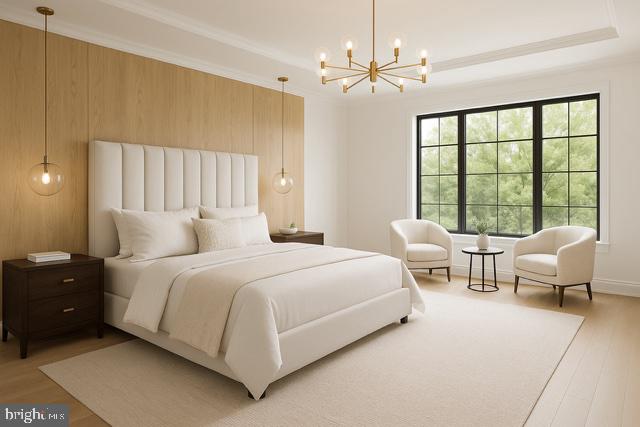 11313 Marcliff Road North Bethesda, MD 20852 - Photo 8 of 22 a spacious bedroom with a bed and a chandelier