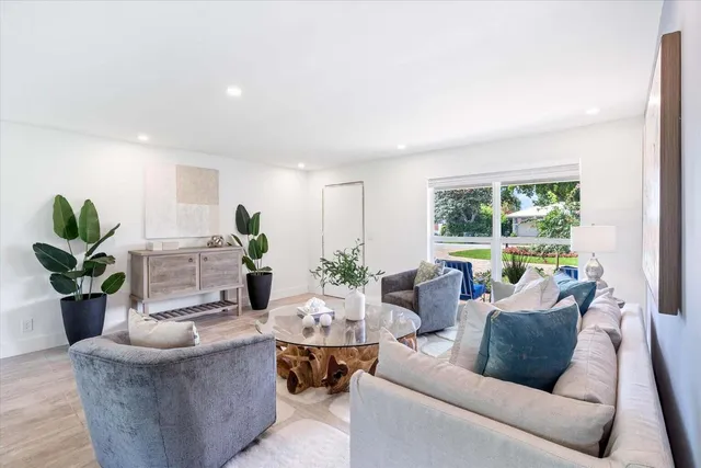 a living room with furniture potted plant and a window
