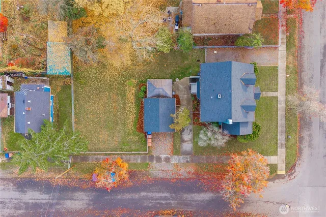 an aerial view of a house with a yard and a large tree