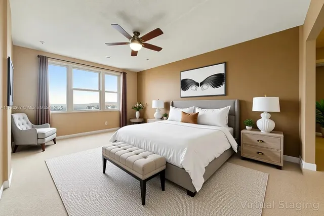 a spacious bedroom with a bed and window