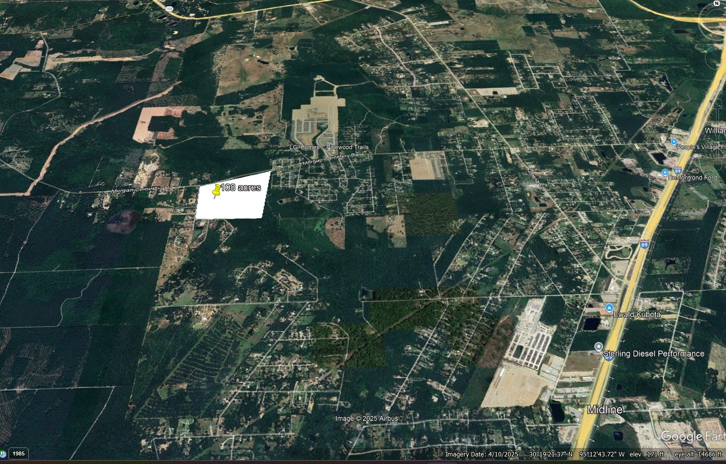 108-acres Morgan Cemetery Road Splendora, TX 77372 - Photo 4 of 7 an aerial view of residential house with outdoor space and parking
