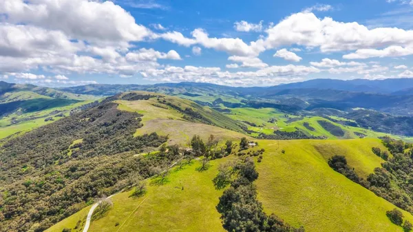 an aerial view of a house with swimming pool and large trees