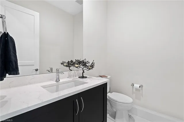 a bathroom with a sink vanity and a toilet