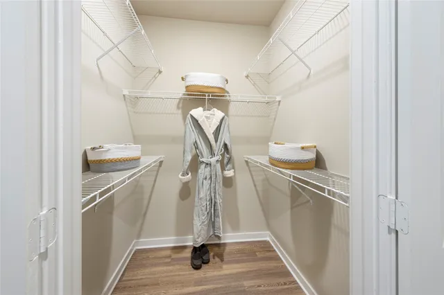 a bedroom with a bed and a walk in closet