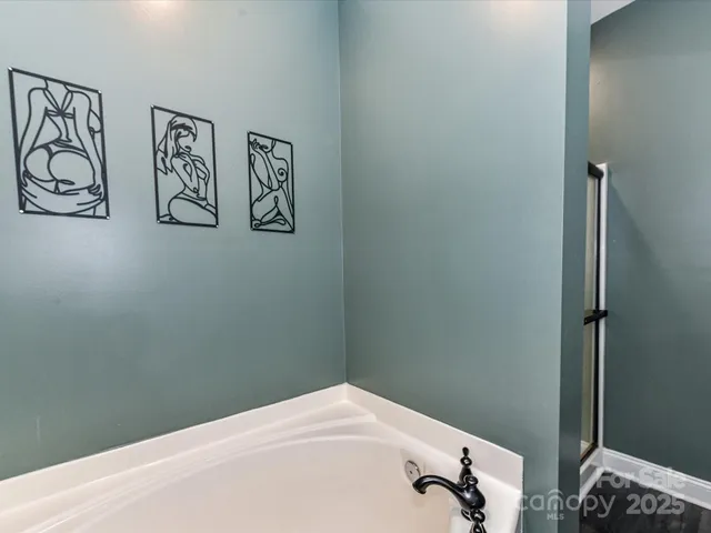 a bathroom with a bathtub and shower