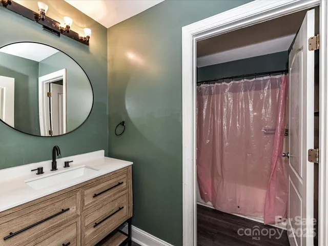 a bathroom with a sink mirror and a shower