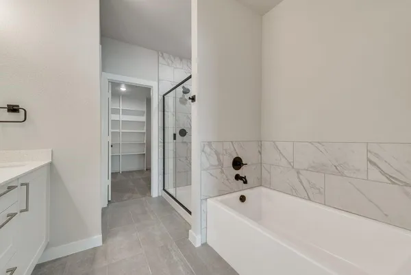 a bathroom with a bathtub and a shower