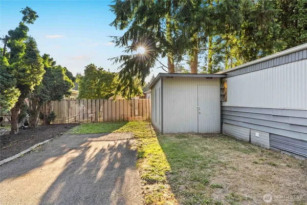 a view of a backyard with a tree