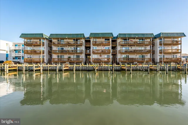 a view of residential building with lake view and tall buildings