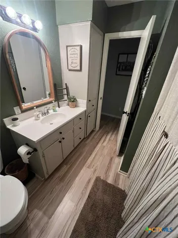 a bathroom with a sink mirror and vanity