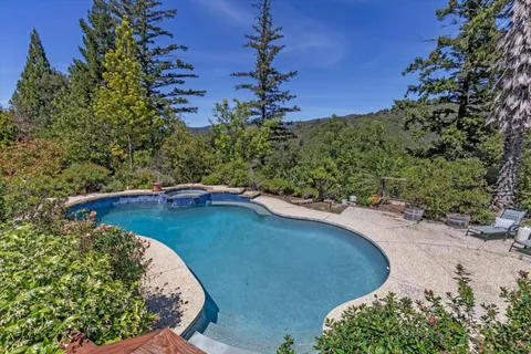 a view of a swimming pool with a yard