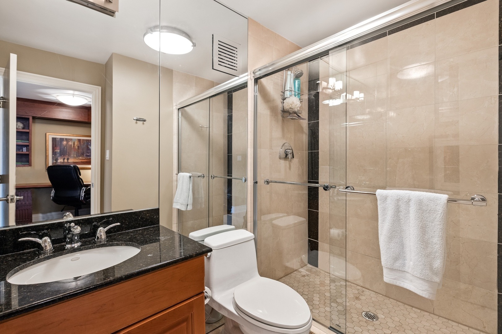111 East Chestnut Street, Unit 25K Chicago, IL 60611 - Photo 17 of 28 a bathroom with a granite countertop sink toilet and shower