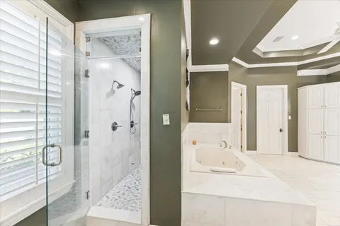 a bathroom with a bathtub and a shower