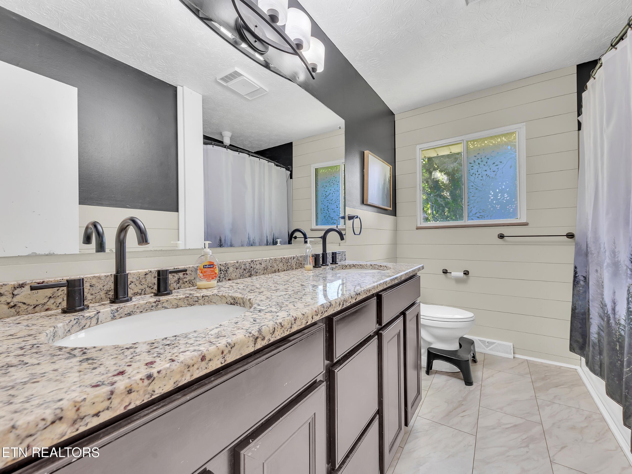 217 Mayview Drive Powell, TN 37849 - Photo 19 of 42 a bathroom with a granite countertop sink a toilet and mirror