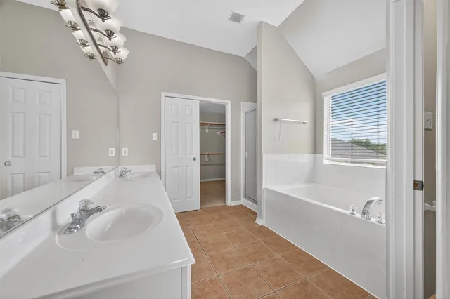 a bathroom with a tub sink and mirror