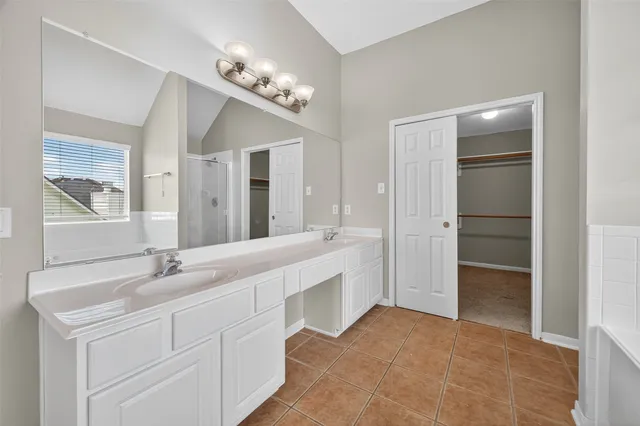 a bathroom with a sink vanity and a mirror