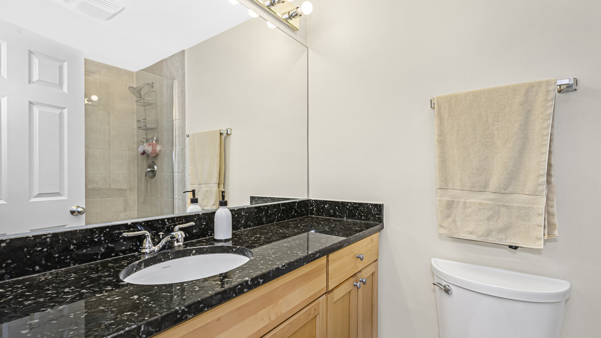 1430 West Chestnut Street, Unit 1 Chicago, IL 60642 - Photo 14 of 14 a bathroom with a granite countertop sink and a mirror