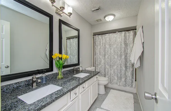 a bathroom with a granite countertop sink a toilet and a mirror