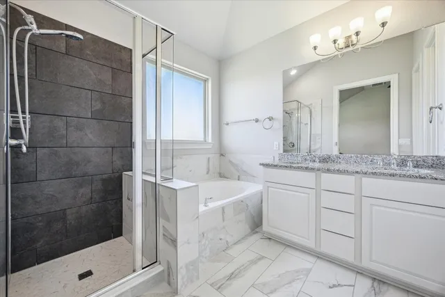 a bathroom with a granite countertop sink a mirror and shower