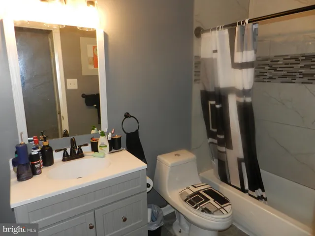 a bathroom with a sink a toilet a mirror and shower