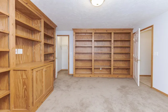 a view of an empty room with empty shelves