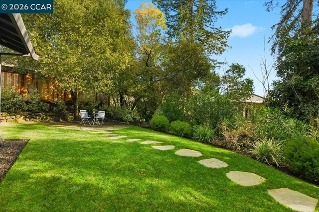a view of a chairs and table in the garden