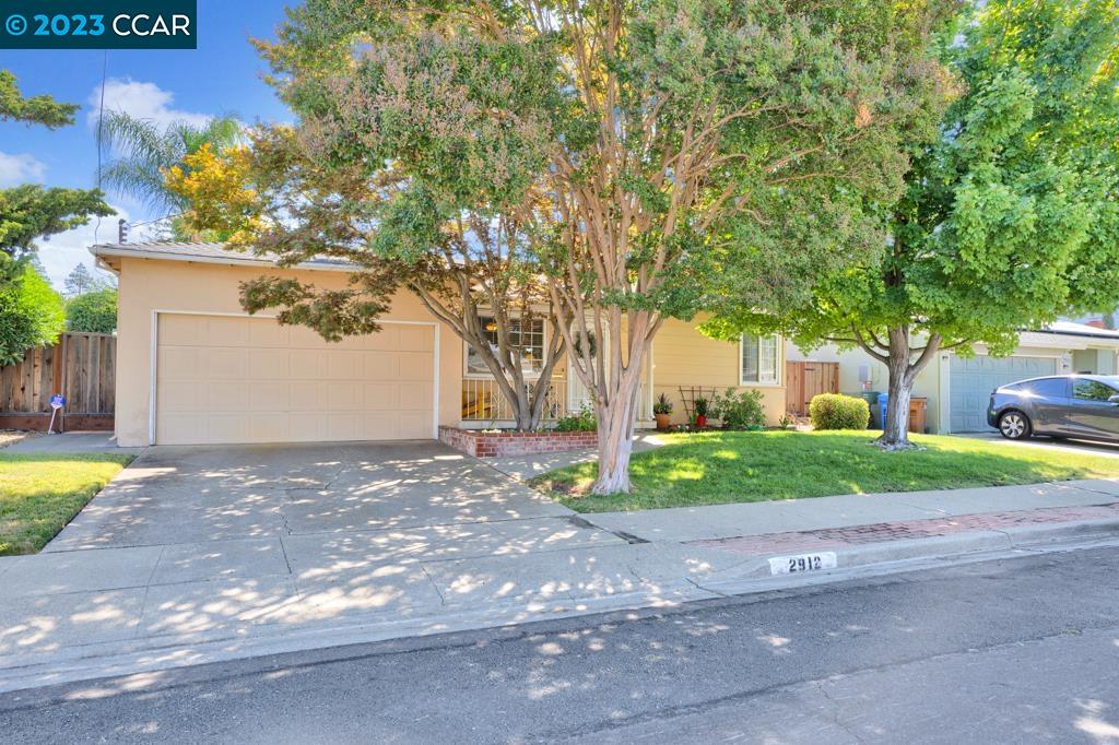 a view of a house with a yard and large tree