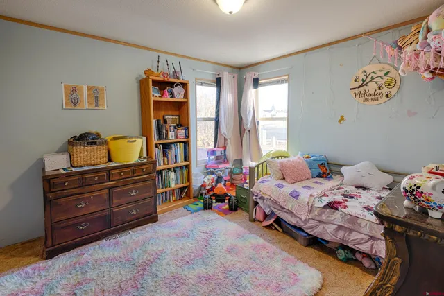 a bedroom with baby bed and window