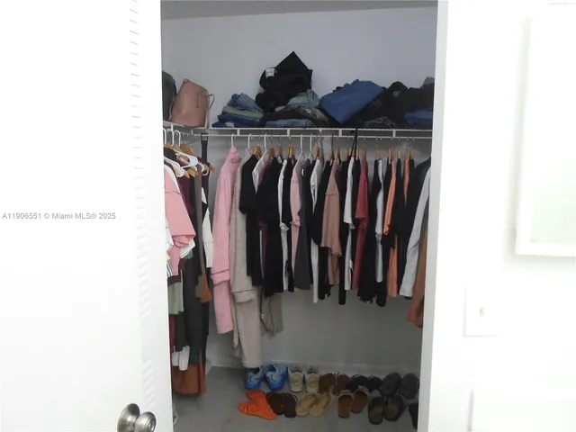 a view of walk in closet with clothes and shoes