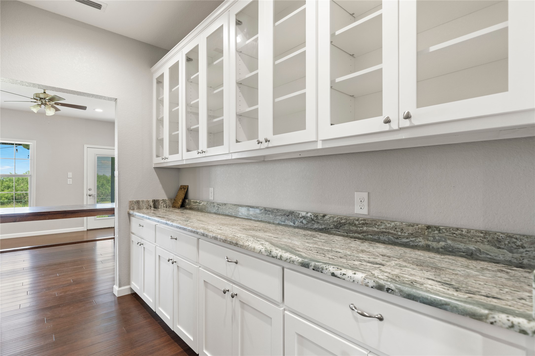 1293 Pioneer Road Seguin, TX 78155 - Photo 10 of 40 Streamlined pantry with glass-front cabinetry and rich granite countertops.