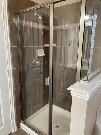 a bathroom with a shower and mirror